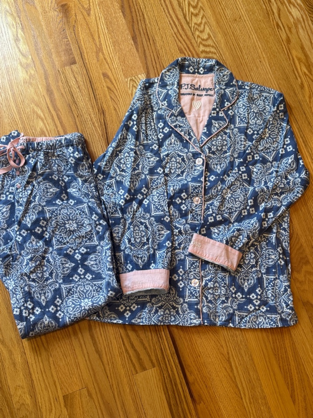 P.J. Salvage Blue Paisley Country Rose Pajama Set with Pink Trim